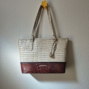 Brahmin woman Tote in Cream /Espresso Croc embossed Leather double handle Tote